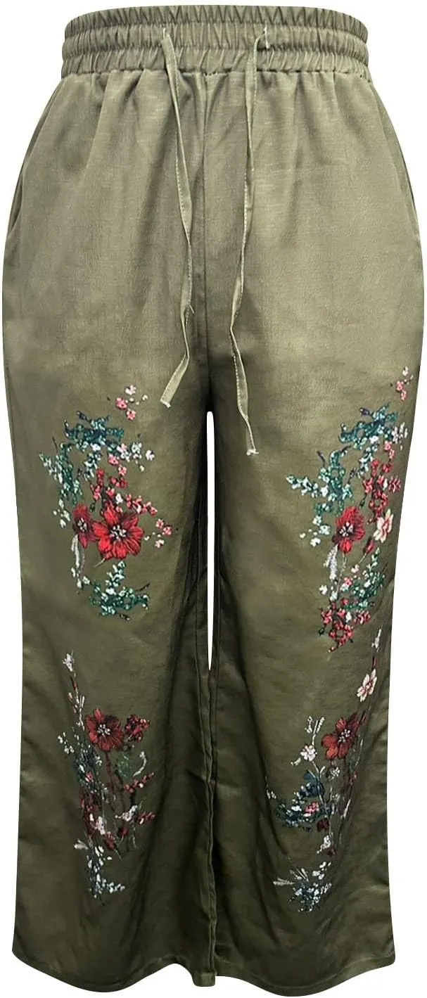Women's Boho Wide Leg Palazzo Pants Womens Cotton Linen Vintage Art Printed Casual Loose Pant Comfy Workout Trousers