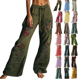 Women's Boho Wide Leg Palazzo Pants Womens Cotton Linen Vintage Art Printed Casual Loose Pant Comfy Workout Trousers