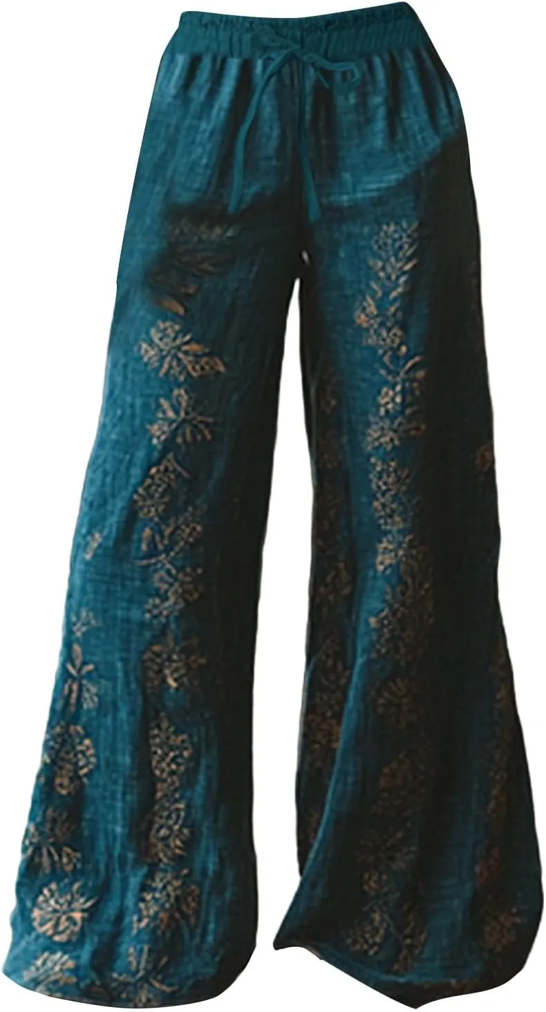 Women's Boho Wide Leg Palazzo Pants Womens Cotton Linen Vintage Art Printed Casual Loose Pant Comfy Workout Trousers
