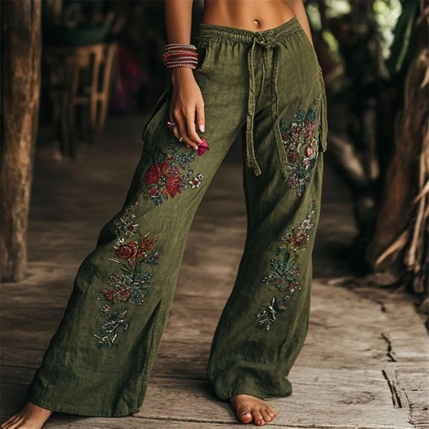 Women's Boho Wide Leg Palazzo Pants Womens Cotton Linen Vintage Art Printed Casual Loose Pant Comfy Workout Trousers