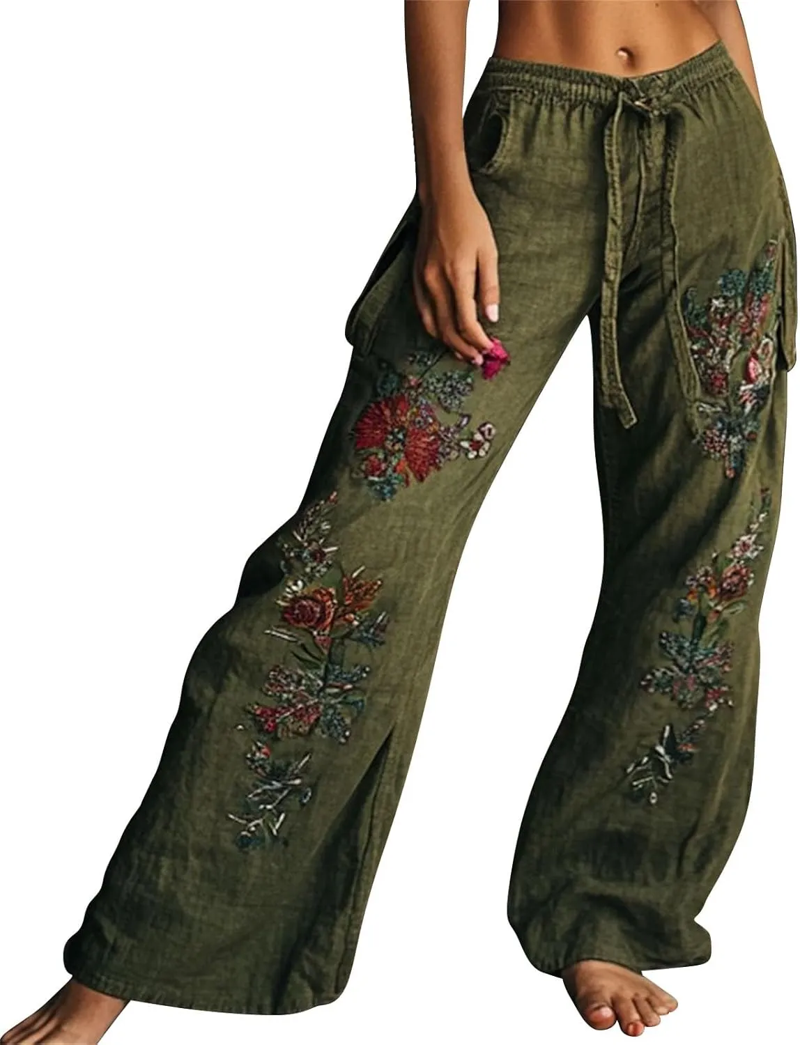 Women's Boho Wide Leg Palazzo Pants Womens Cotton Linen Vintage Art Printed Casual Loose Pant Comfy Workout Trousers