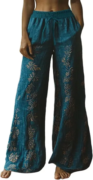 Women's Boho Wide Leg Palazzo Pants Womens Cotton Linen Vintage Art Printed Casual Loose Pant Comfy Workout Trousers