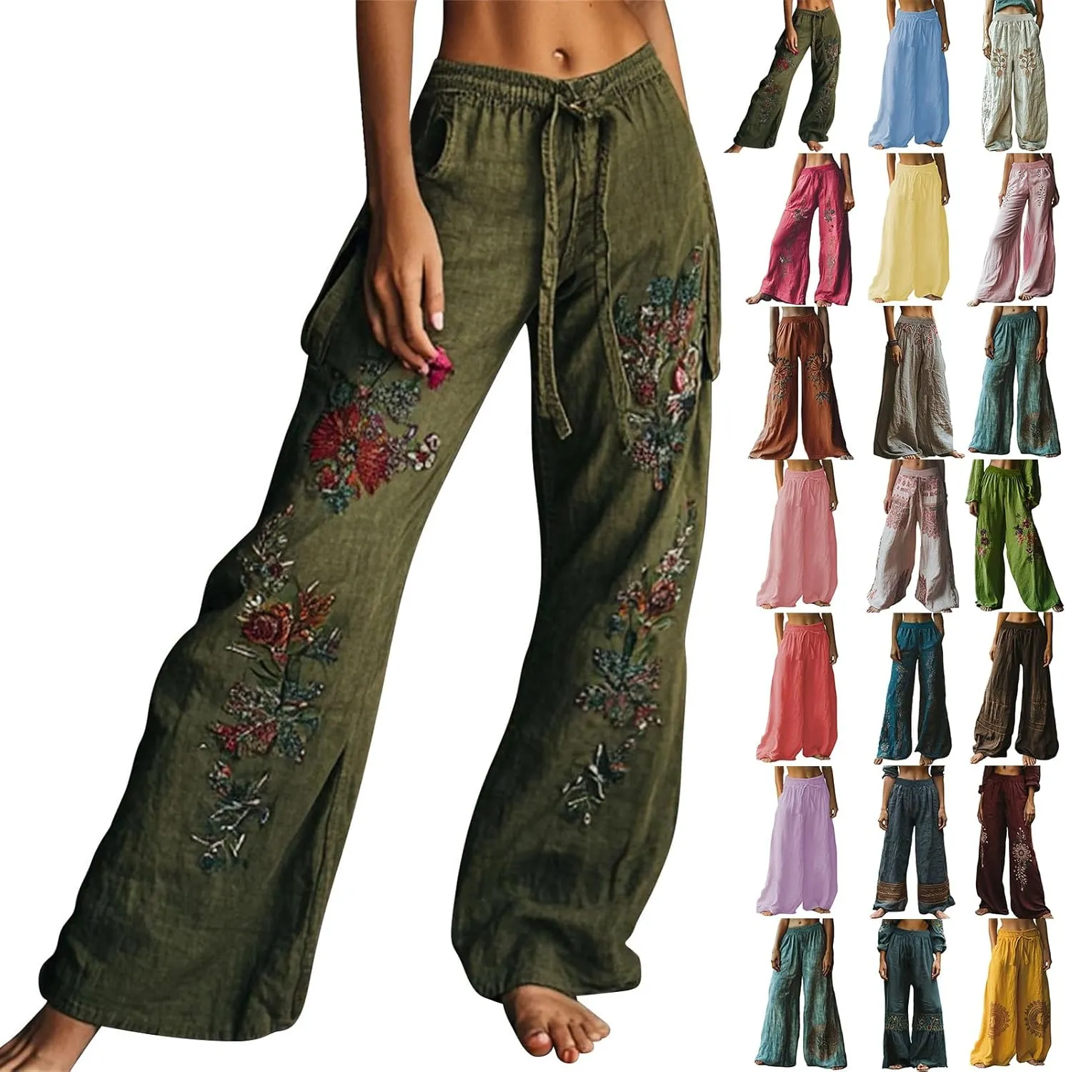 Women's Boho Wide Leg Palazzo Pants Womens Cotton Linen Vintage Art Printed Casual Loose Pant Comfy Workout Trousers