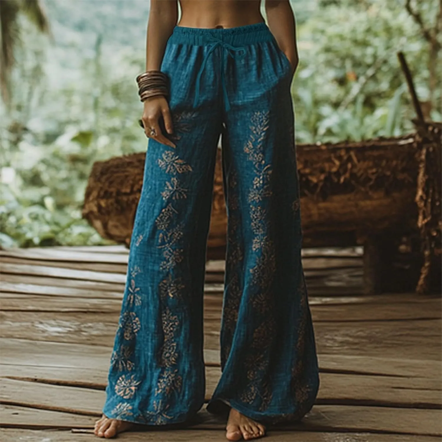 Women's Boho Wide Leg Palazzo Pants Womens Cotton Linen Vintage Art Printed Casual Loose Pant Comfy Workout Trousers