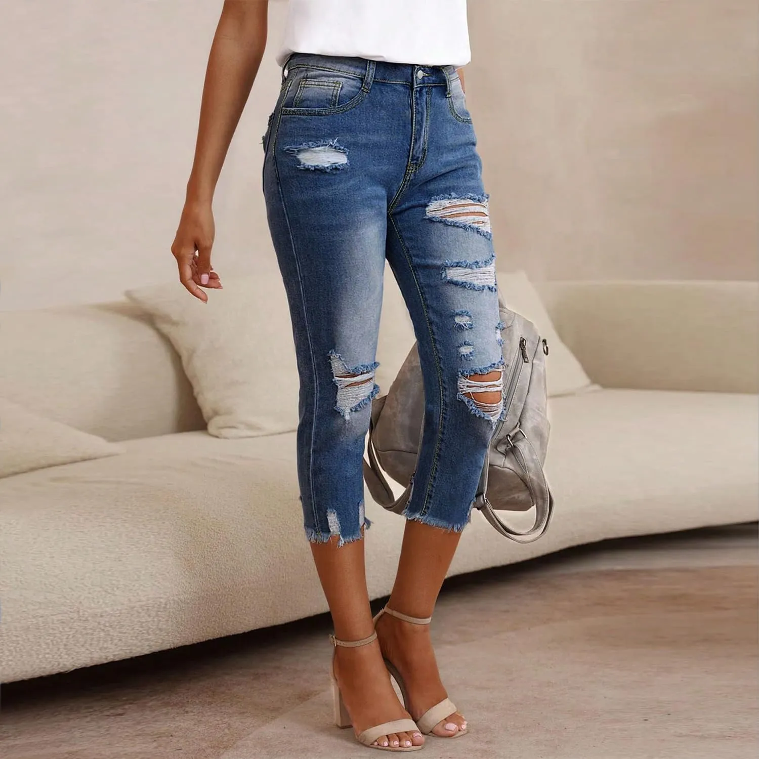 Women's Capri Pants Mid Waisted Summer Skinny Stretchy Ripped Jeans Denim Cropped Leggings