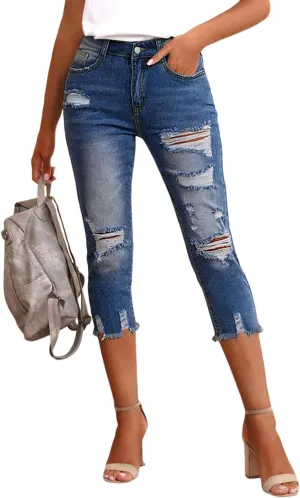 Women's Capri Pants Mid Waisted Summer Skinny Stretchy Ripped Jeans Denim Cropped Leggings