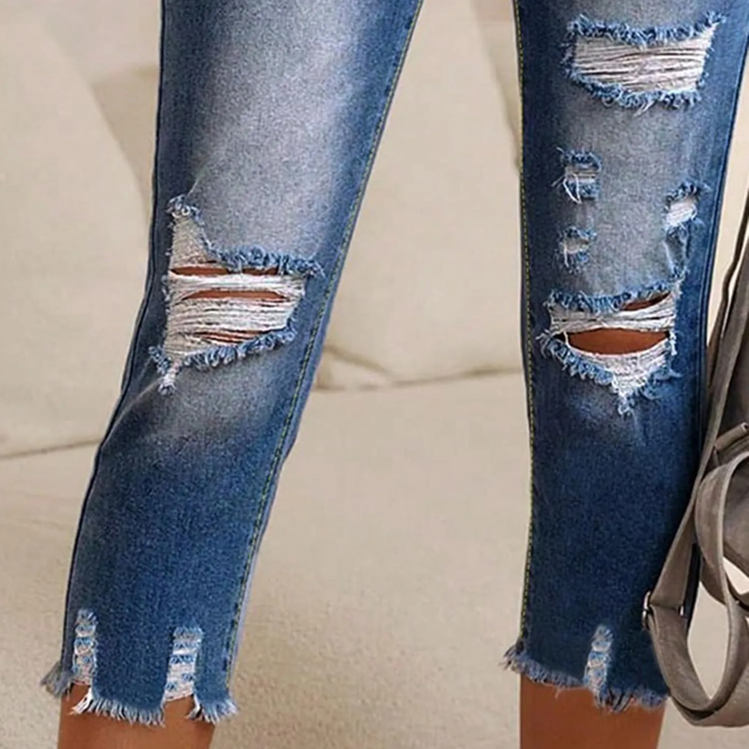 Women's Capri Pants Mid Waisted Summer Skinny Stretchy Ripped Jeans Denim Cropped Leggings