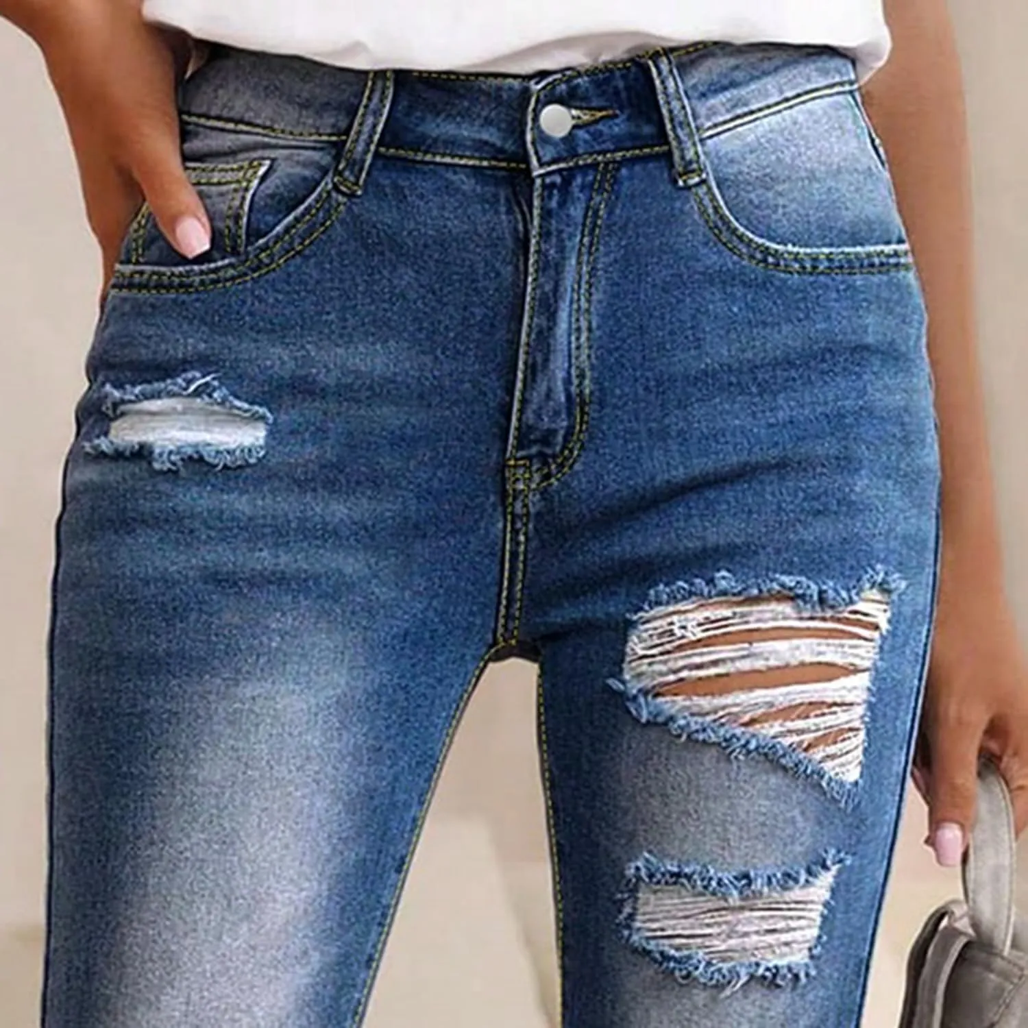 Women's Capri Pants Mid Waisted Summer Skinny Stretchy Ripped Jeans Denim Cropped Leggings
