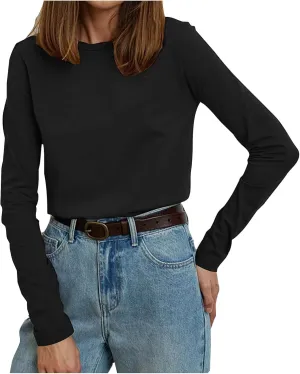 Womens Casual Tops Crewneck Long Sleeve Shirts Fall 2024 Lightweight Loose Sweatshirts Basic Tee Going Out Clothes