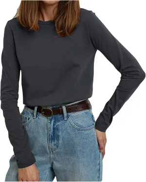 Womens Casual Tops Crewneck Long Sleeve Shirts Fall 2024 Lightweight Loose Sweatshirts Basic Tee Going Out Clothes