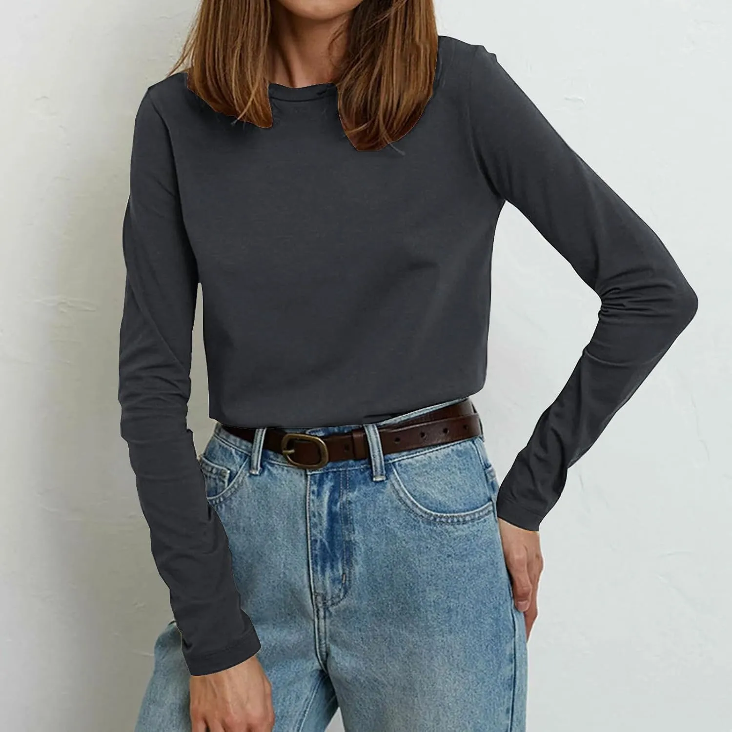 Womens Casual Tops Crewneck Long Sleeve Shirts Fall 2024 Lightweight Loose Sweatshirts Basic Tee Going Out Clothes