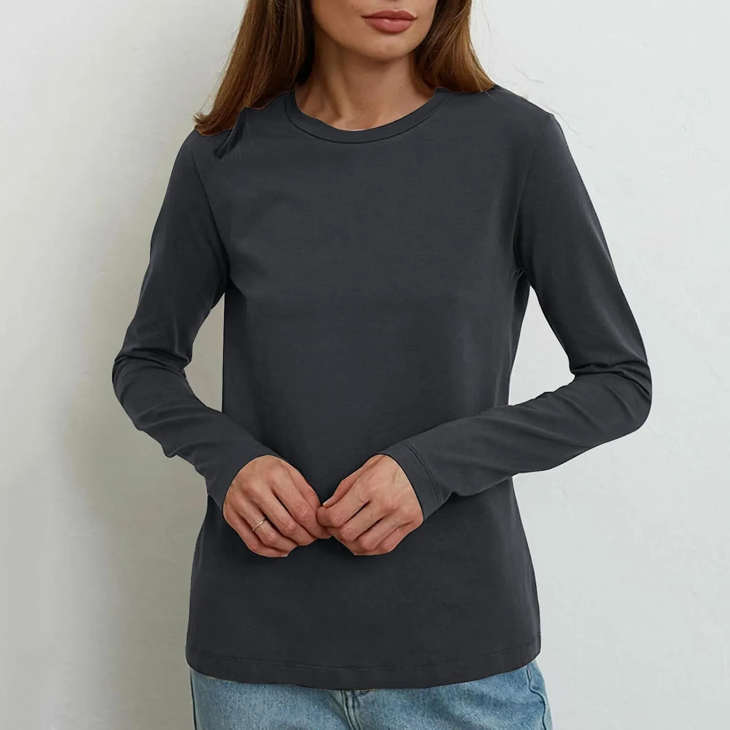 Womens Casual Tops Crewneck Long Sleeve Shirts Fall 2024 Lightweight Loose Sweatshirts Basic Tee Going Out Clothes