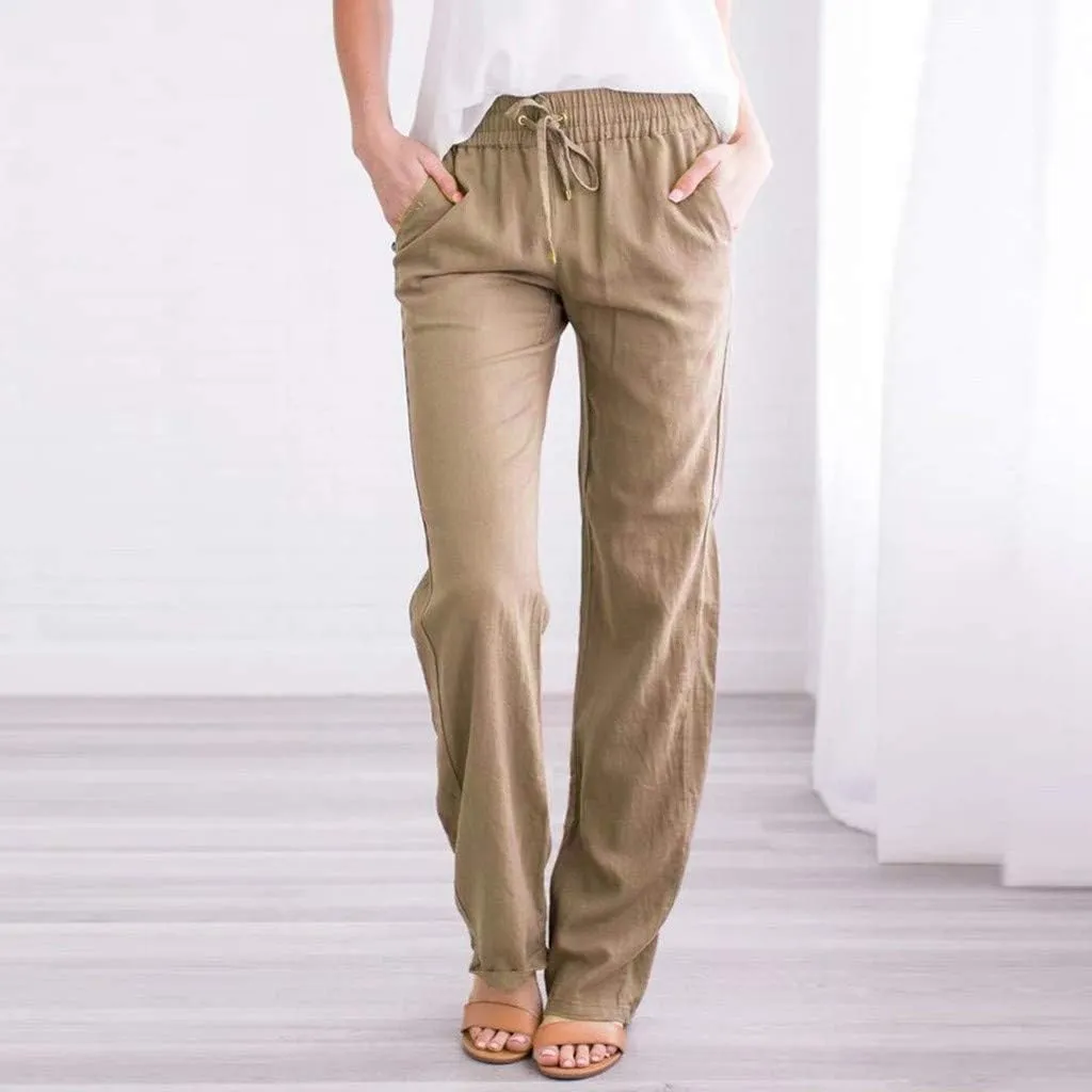 Women's Cotton Linen Drawstring High Waisted Pants Summer Palazzo Pants Casual Loose Fit Wide Leg Trousers with Pockets