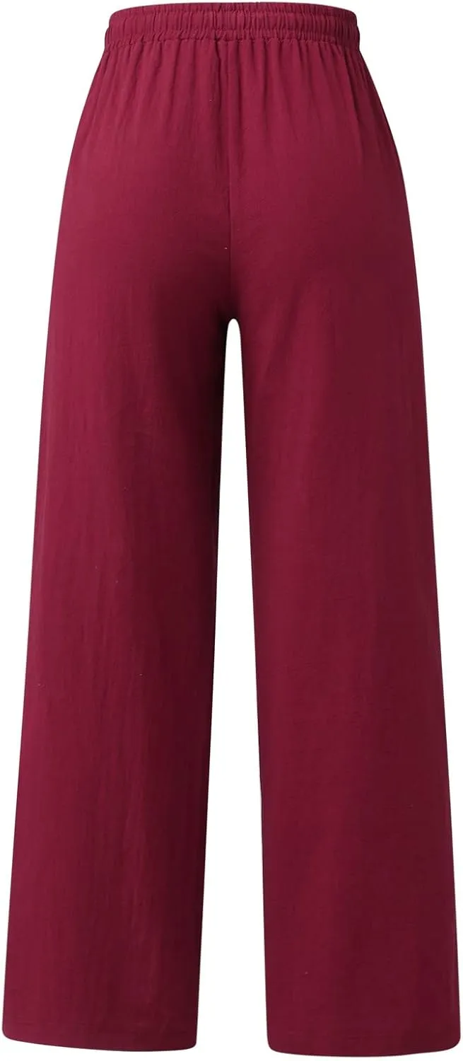 Women's Cotton Linen Drawstring High Waisted Pants Summer Palazzo Pants Casual Loose Fit Wide Leg Trousers with Pockets