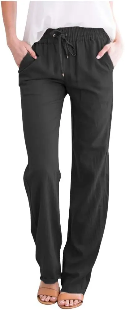 Women's Cotton Linen Drawstring High Waisted Pants Summer Palazzo Pants Casual Loose Fit Wide Leg Trousers with Pockets