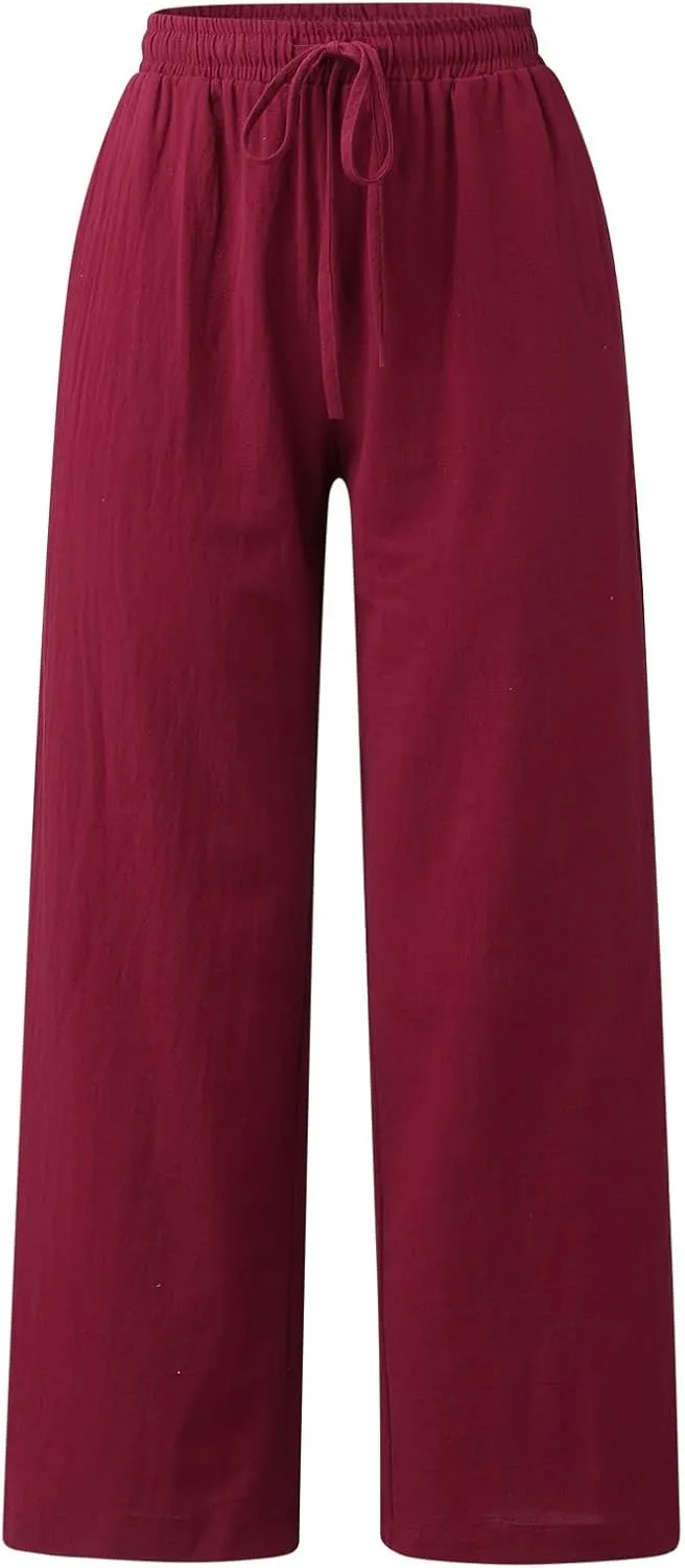 Women's Cotton Linen Drawstring High Waisted Pants Summer Palazzo Pants Casual Loose Fit Wide Leg Trousers with Pockets