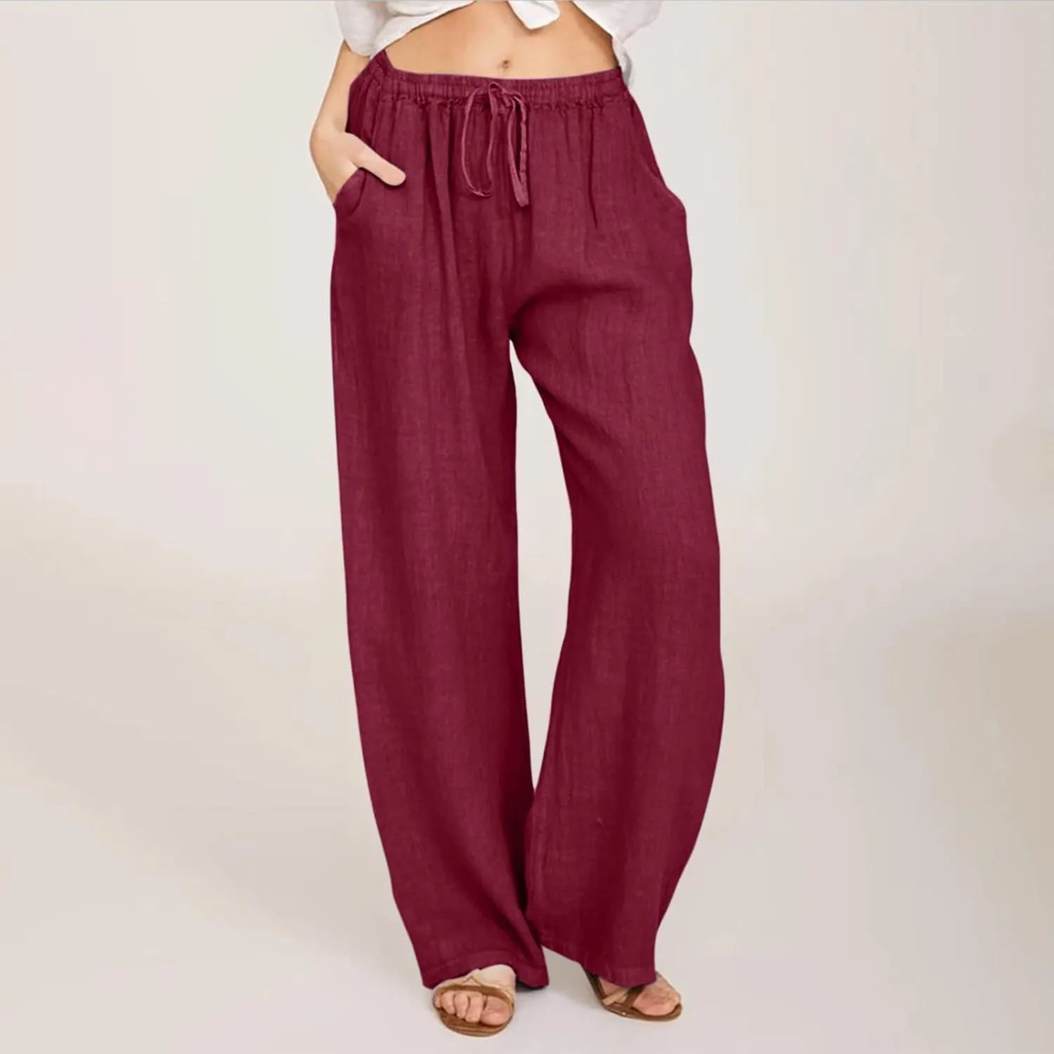 Women's Cotton Linen Drawstring High Waisted Pants Summer Palazzo Pants Casual Loose Fit Wide Leg Trousers with Pockets