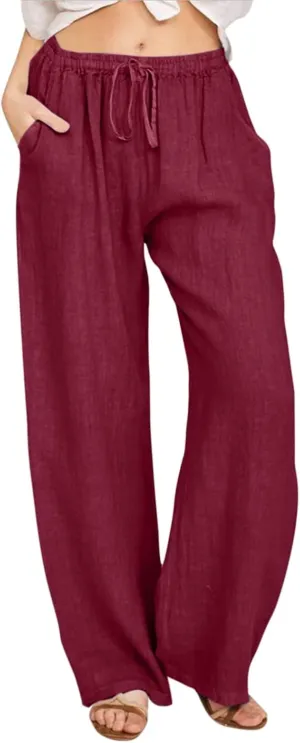 Women's Cotton Linen Drawstring High Waisted Pants Summer Palazzo Pants Casual Loose Fit Wide Leg Trousers with Pockets