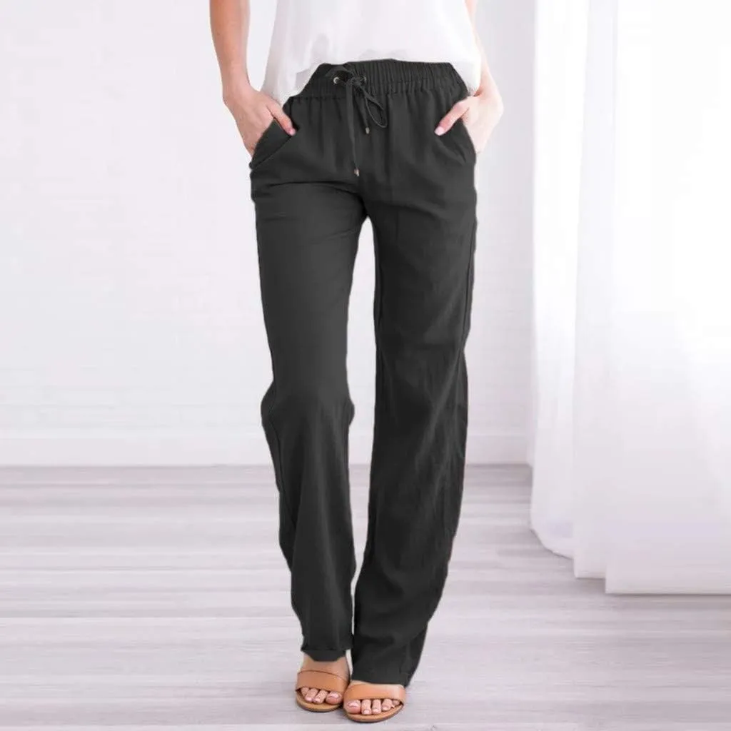 Women's Cotton Linen Drawstring High Waisted Pants Summer Palazzo Pants Casual Loose Fit Wide Leg Trousers with Pockets