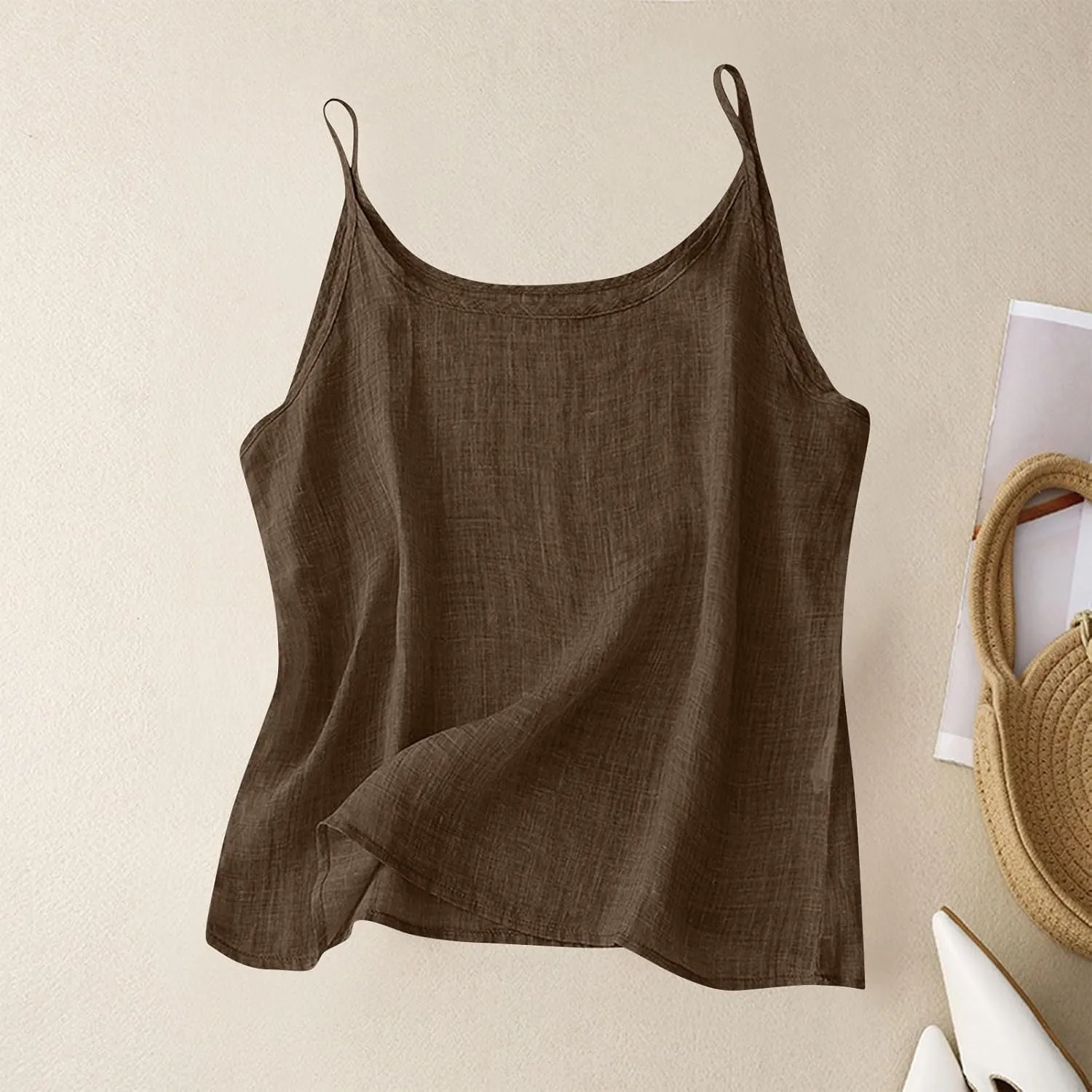 Womens Cotton Linen Tank Tops Lightweight Cropped Trendy Boho Shirts Petite Cami Shirt Gauze Peasant Blouse