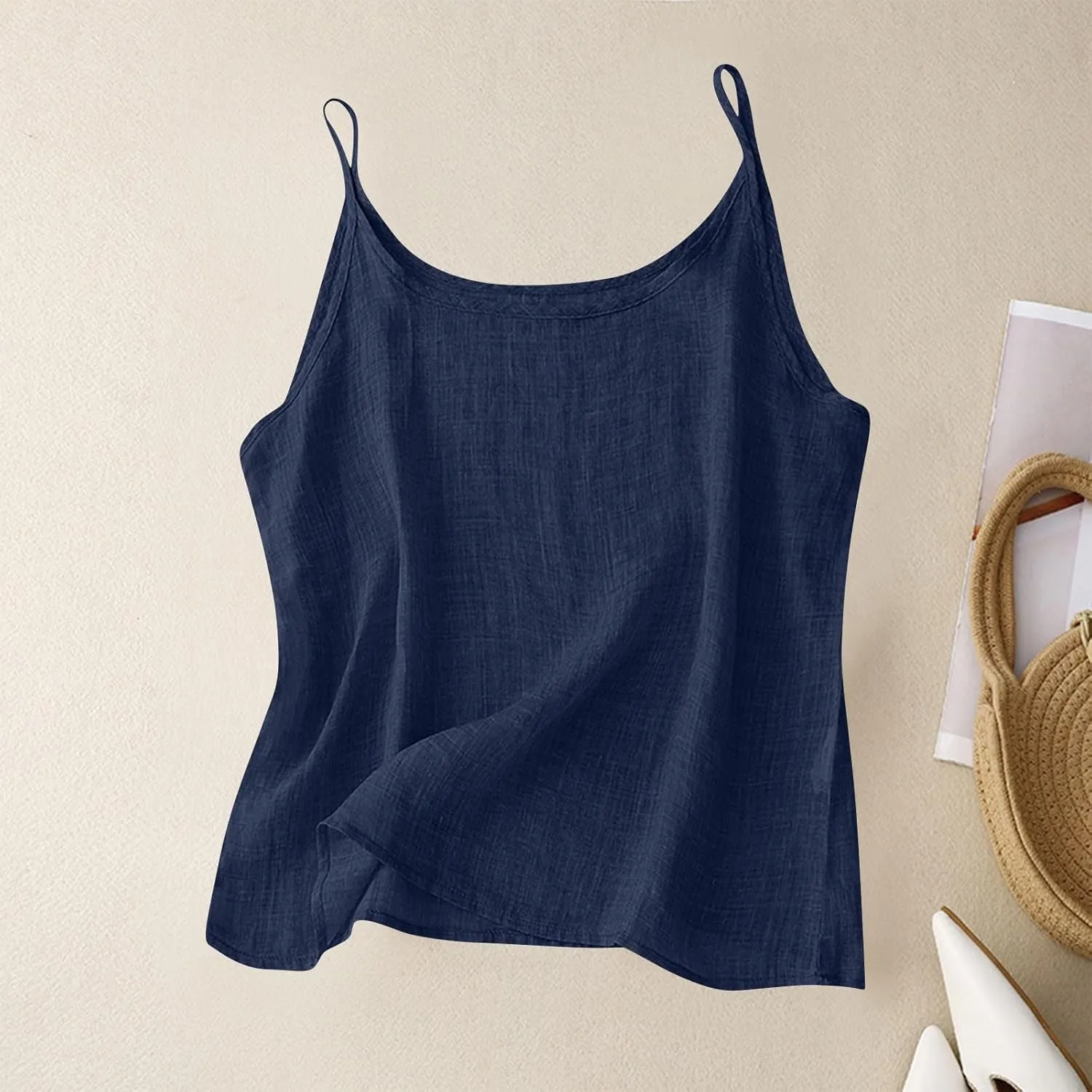 Womens Cotton Linen Tank Tops Lightweight Cropped Trendy Boho Shirts Petite Cami Shirt Gauze Peasant Blouse