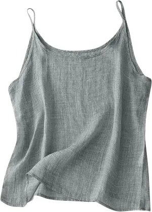 Womens Cotton Linen Tank Tops Lightweight Cropped Trendy Boho Shirts Petite Cami Shirt Gauze Peasant Blouse