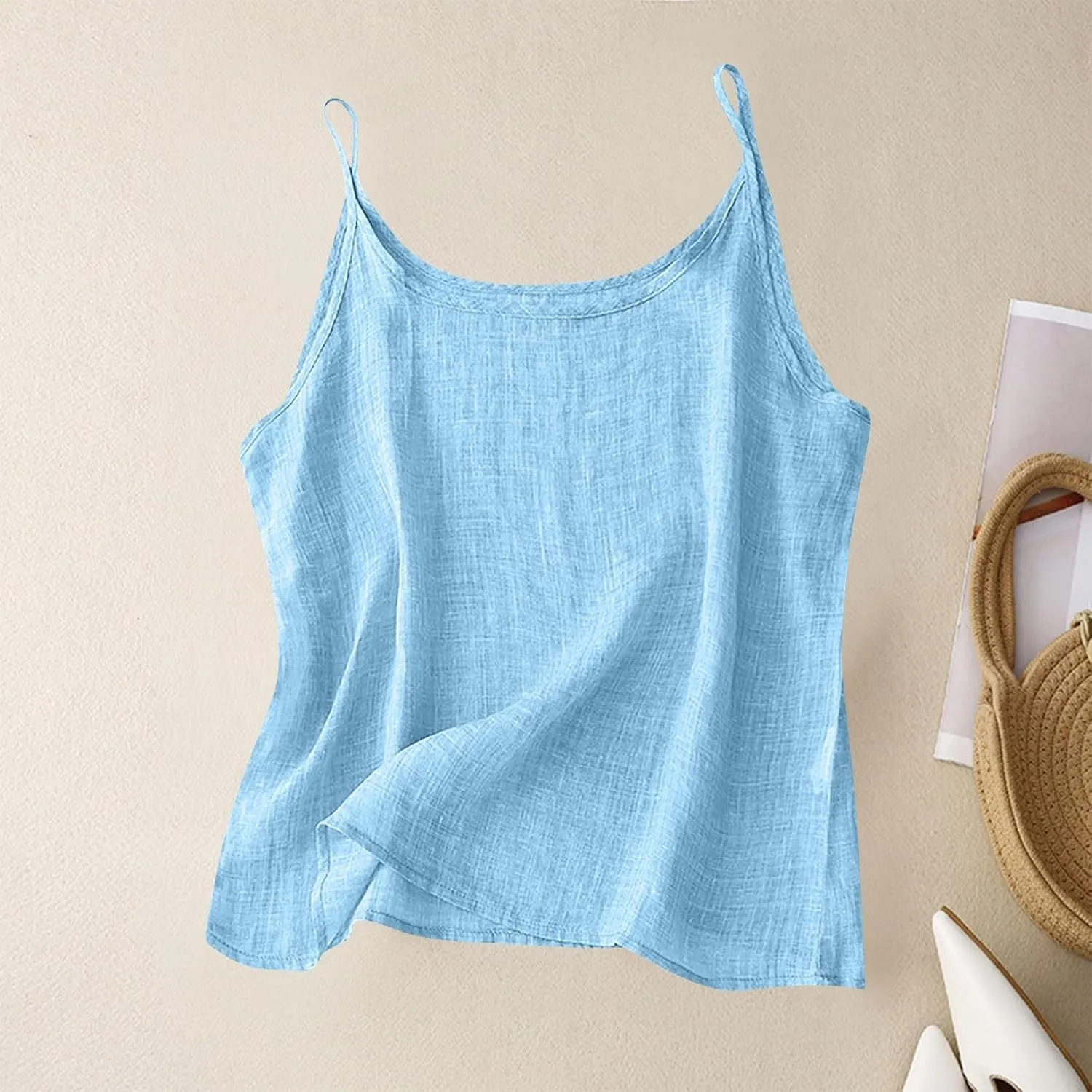 Womens Cotton Linen Tank Tops Lightweight Cropped Trendy Boho Shirts Petite Cami Shirt Gauze Peasant Blouse