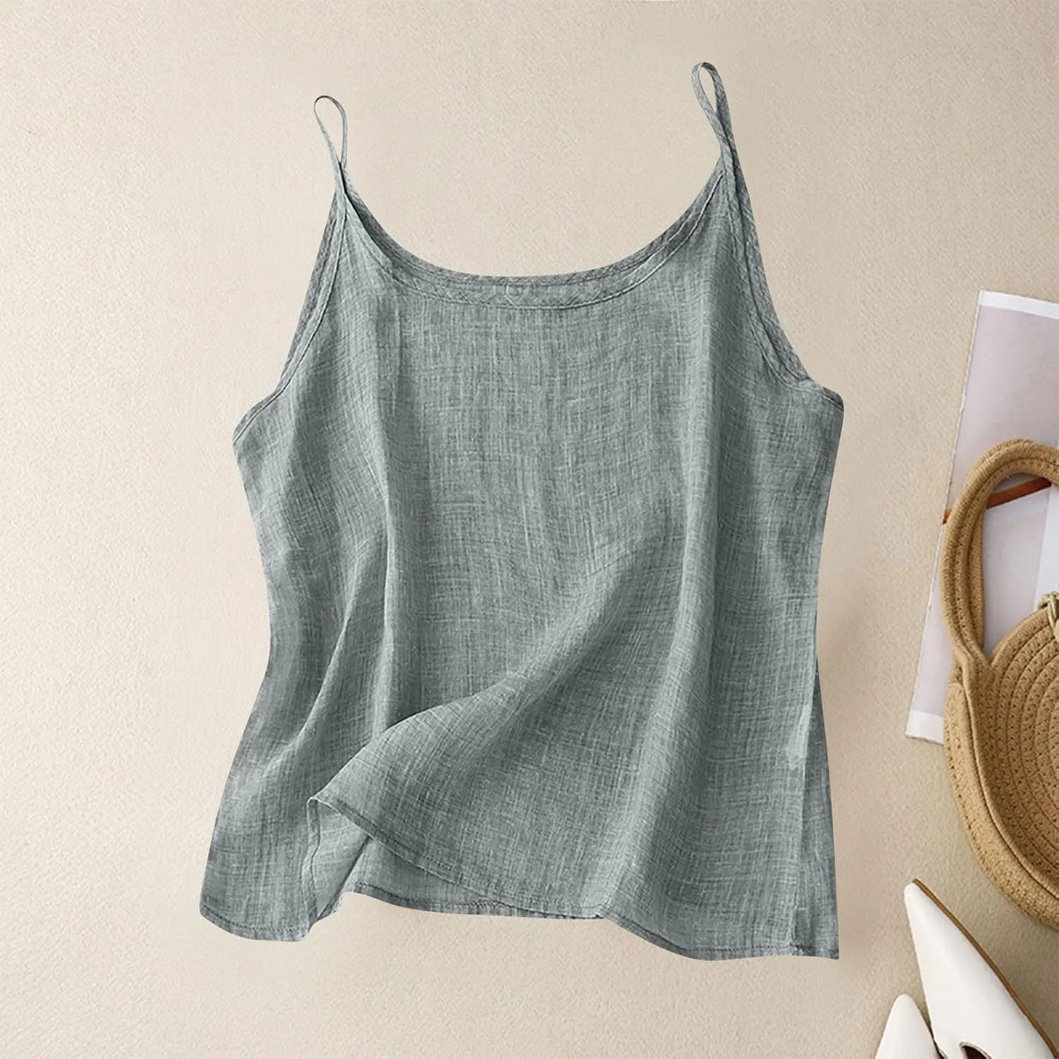 Womens Cotton Linen Tank Tops Lightweight Cropped Trendy Boho Shirts Petite Cami Shirt Gauze Peasant Blouse
