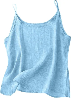 Womens Cotton Linen Tank Tops Lightweight Cropped Trendy Boho Shirts Petite Cami Shirt Gauze Peasant Blouse
