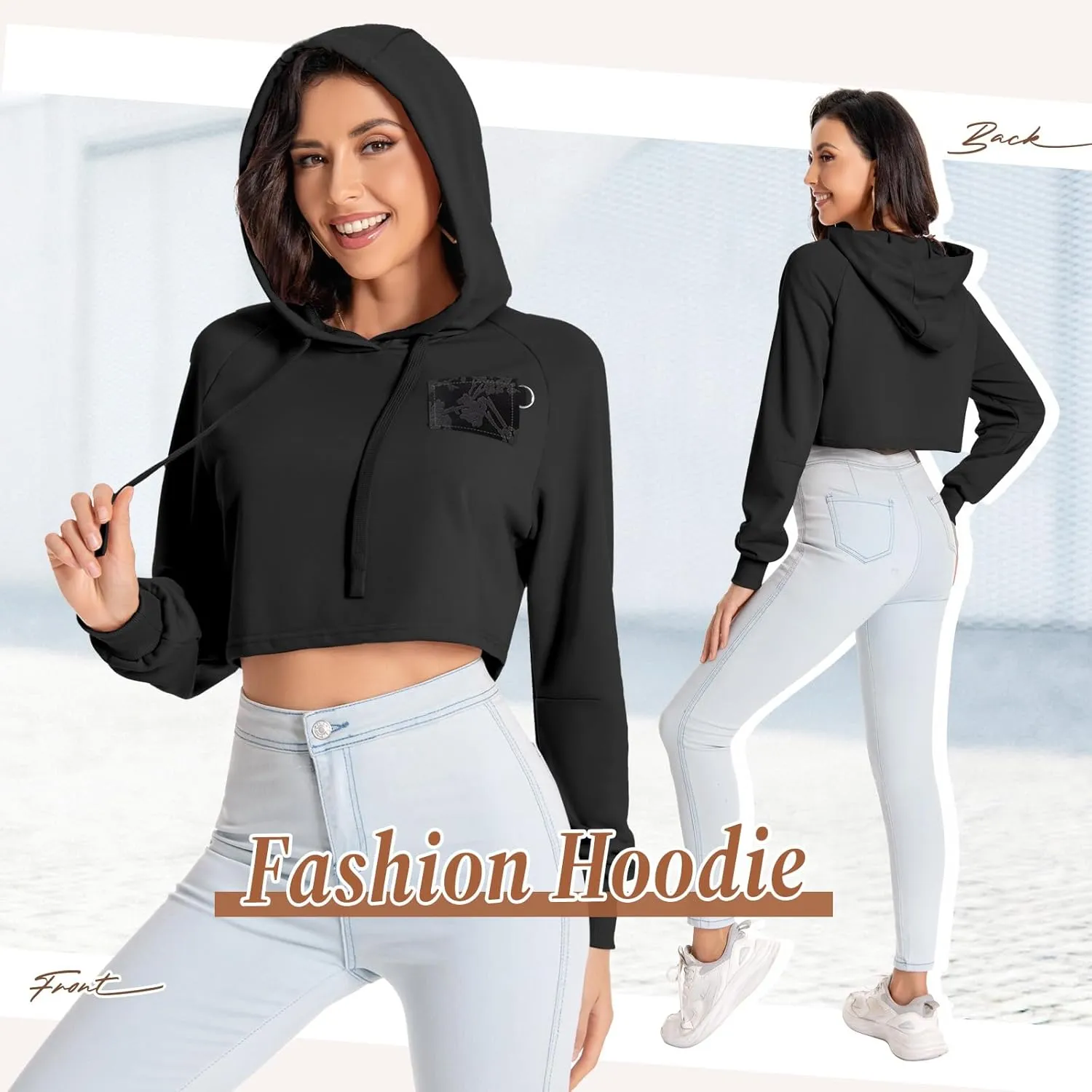 Women's Cropped Hoodie Long Sleeves Crop Top Sweatshirt with Hooded, 2024 Trendy Y2K Hoodies for Women Navel Exposed