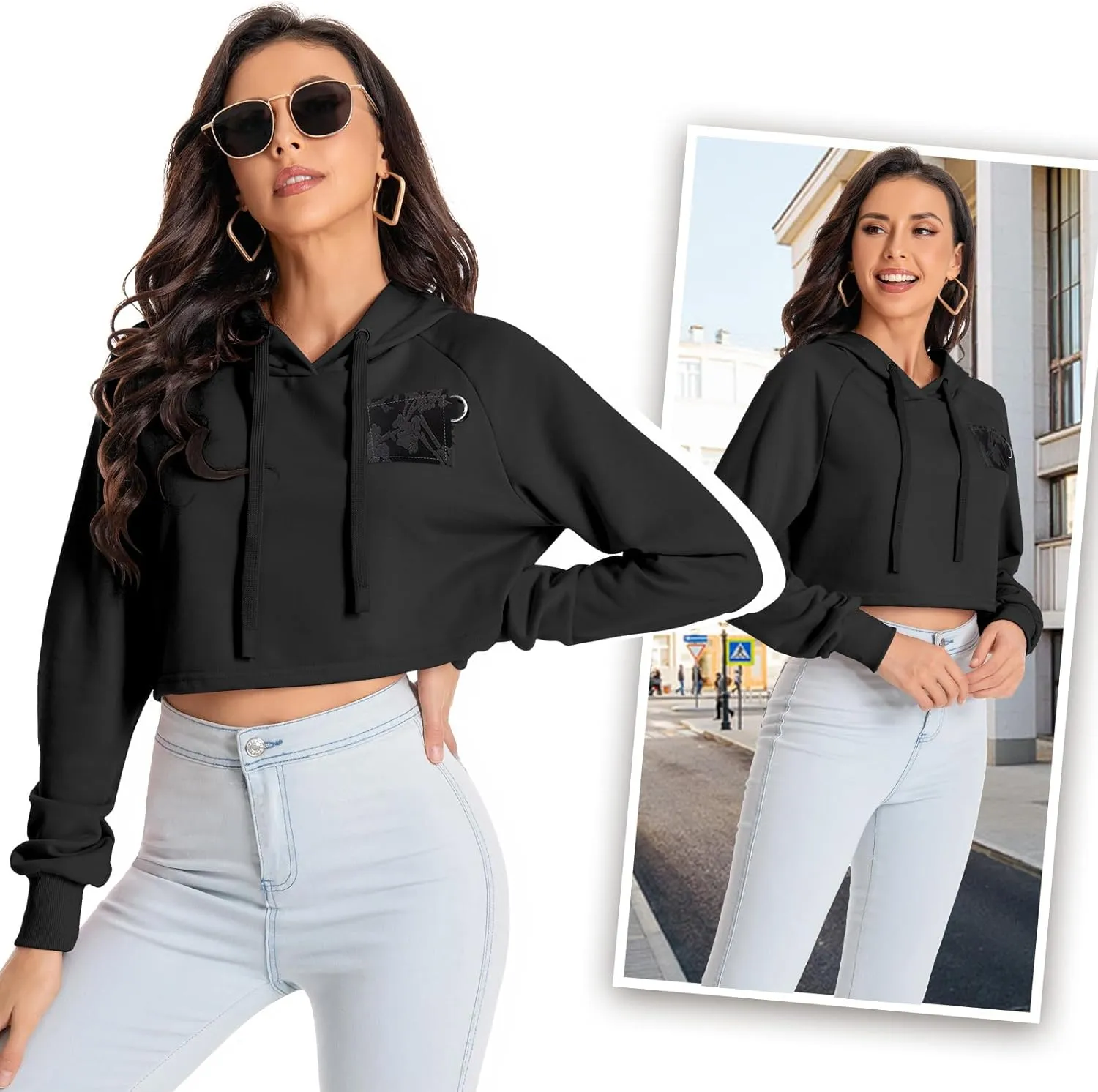 Women's Cropped Hoodie Long Sleeves Crop Top Sweatshirt with Hooded, 2024 Trendy Y2K Hoodies for Women Navel Exposed