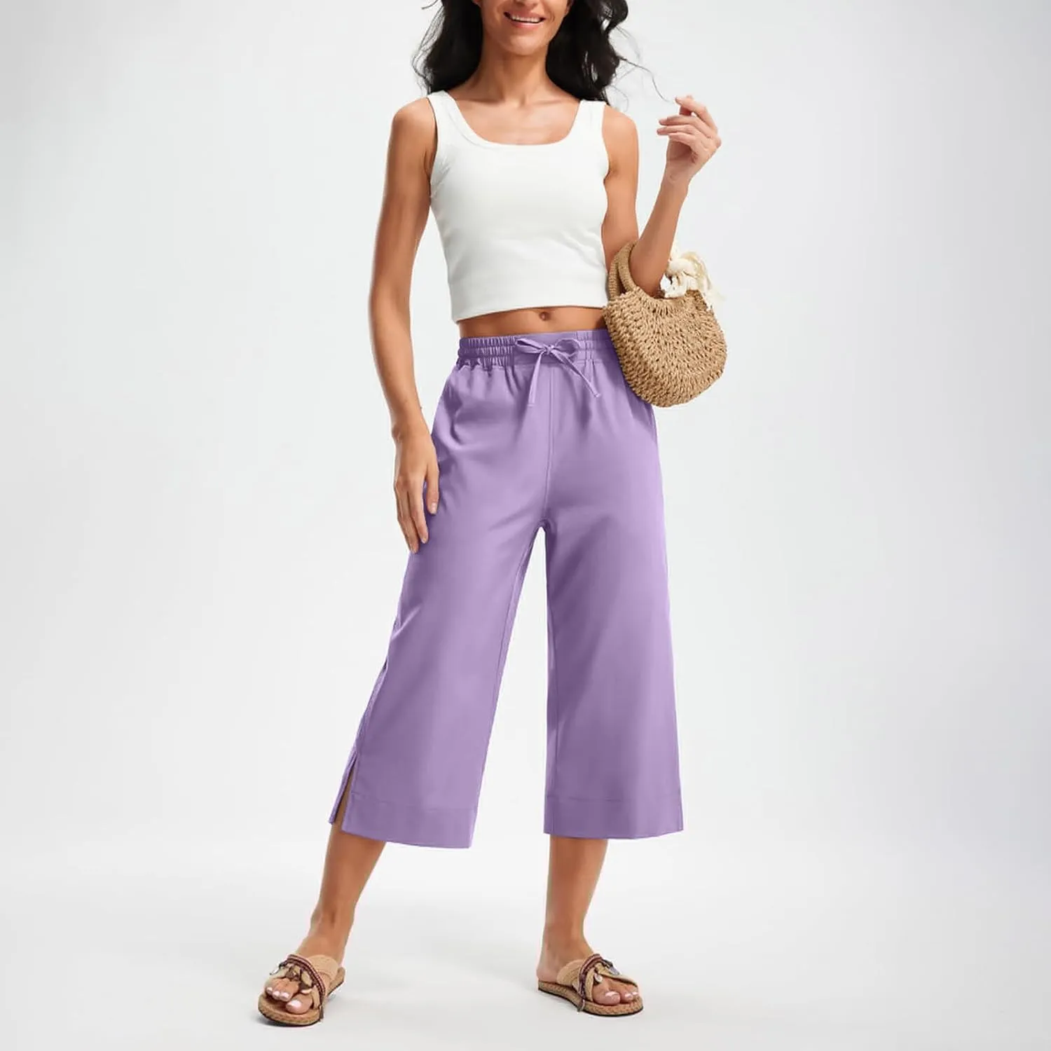 Women's Elastic Drawstring Waist Crop Pants 2025 Trendy Capri Sweatpants Loose Fit Comfort Cropped Pant with Pocket