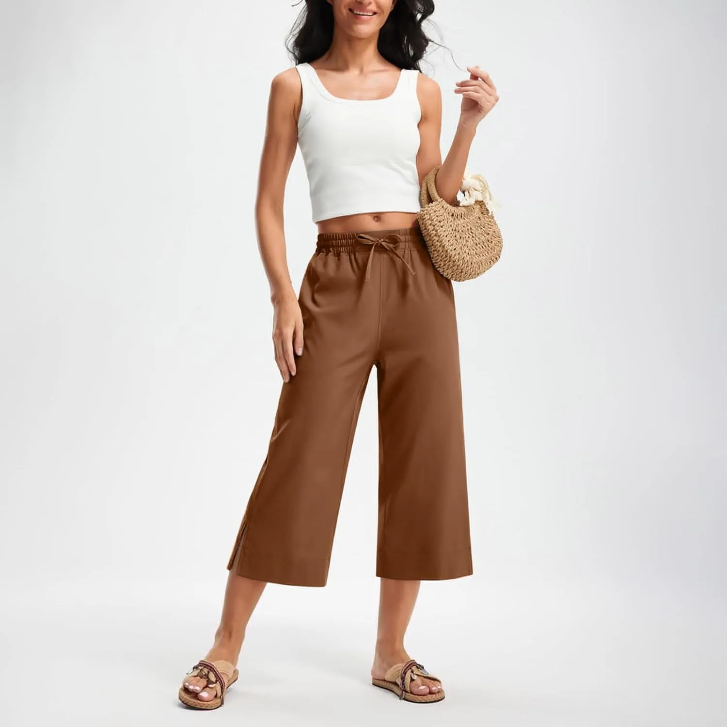 Women's Elastic Drawstring Waist Crop Pants 2025 Trendy Capri Sweatpants Loose Fit Comfort Cropped Pant with Pocket