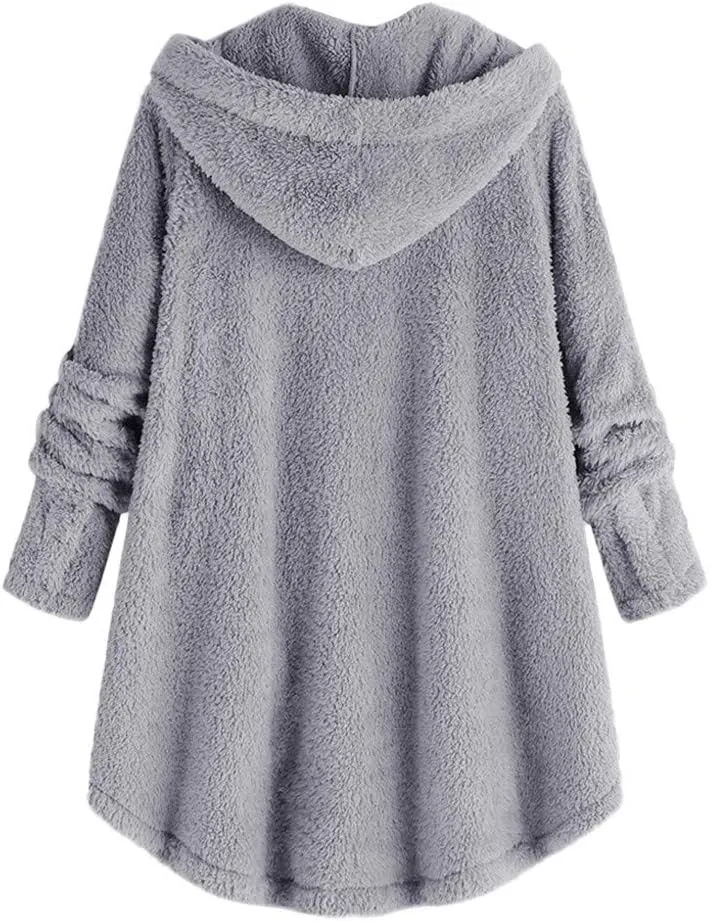 Womens Fuzzy Fleece Hoodie Jackets 2023 Fashion Button Down Sherpa Loungewear Oversized Cozy Home Shearling Coat