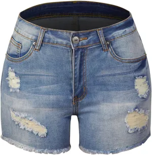 Women's High Waisted Denim Shorts Stretchy Frayed Casual Pockets Jeans Shorts Ripped Hem Distressed Short Jeans