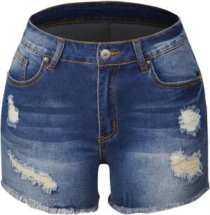 Women's High Waisted Denim Shorts Stretchy Frayed Casual Pockets Jeans Shorts Ripped Hem Distressed Short Jeans