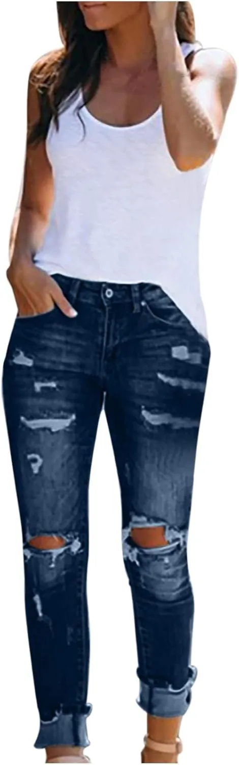 Women's High Waisted Jeans, Cut Out Skinny Denim Pants for Women Distressed Stretch Jeans Ripped Butt Lift Jeans
