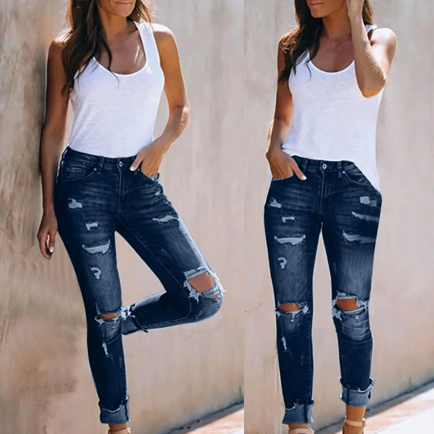 Women's High Waisted Jeans, Cut Out Skinny Denim Pants for Women Distressed Stretch Jeans Ripped Butt Lift Jeans