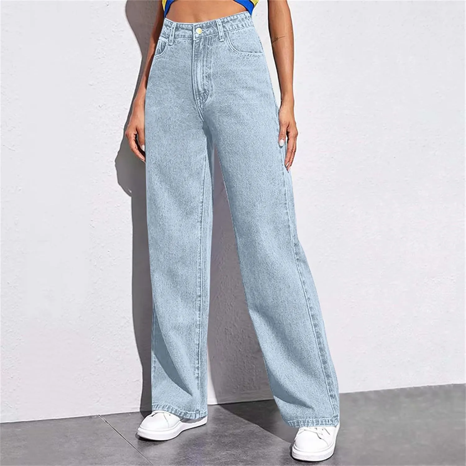 Womens Jeans High Waist Elastic Baggy Wide Leg Pants Vintage Loose Fit Pants with Pockets