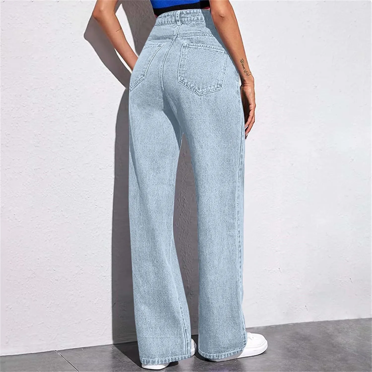 Womens Jeans High Waist Elastic Baggy Wide Leg Pants Vintage Loose Fit Pants with Pockets