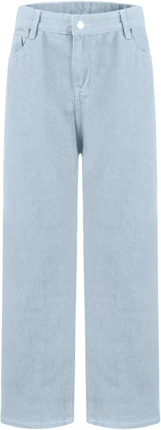 Womens Jeans High Waist Elastic Baggy Wide Leg Pants Vintage Loose Fit Pants with Pockets