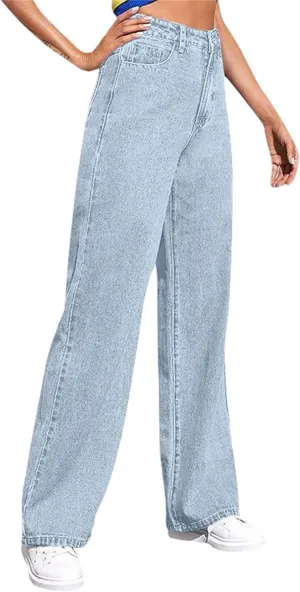 Womens Jeans High Waist Elastic Baggy Wide Leg Pants Vintage Loose Fit Pants with Pockets