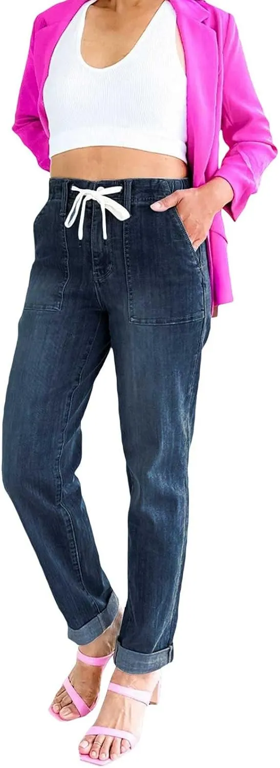 Women's Jeans High Waisted Straight Leg Stretchy Jeans Trendy Welt Pockets Loose Wide Leg Denim Pants
