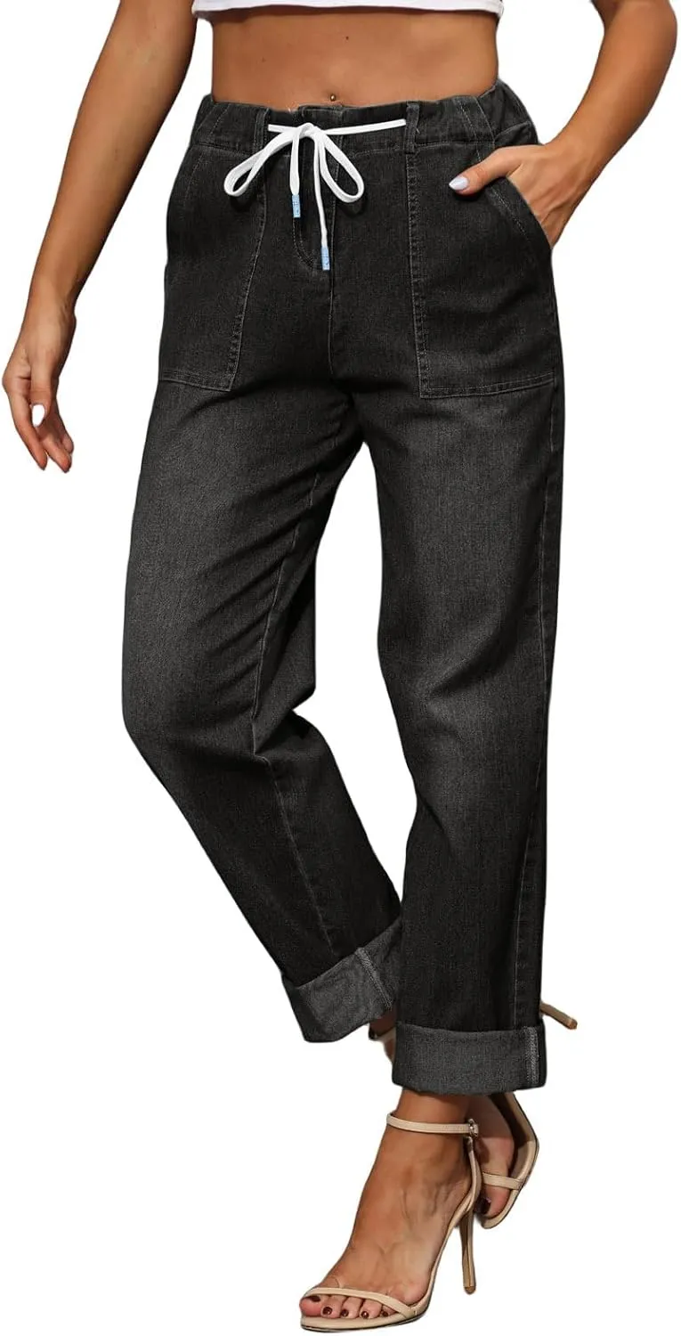 Women's Jeans High Waisted Straight Leg Stretchy Jeans Trendy Welt Pockets Loose Wide Leg Denim Pants
