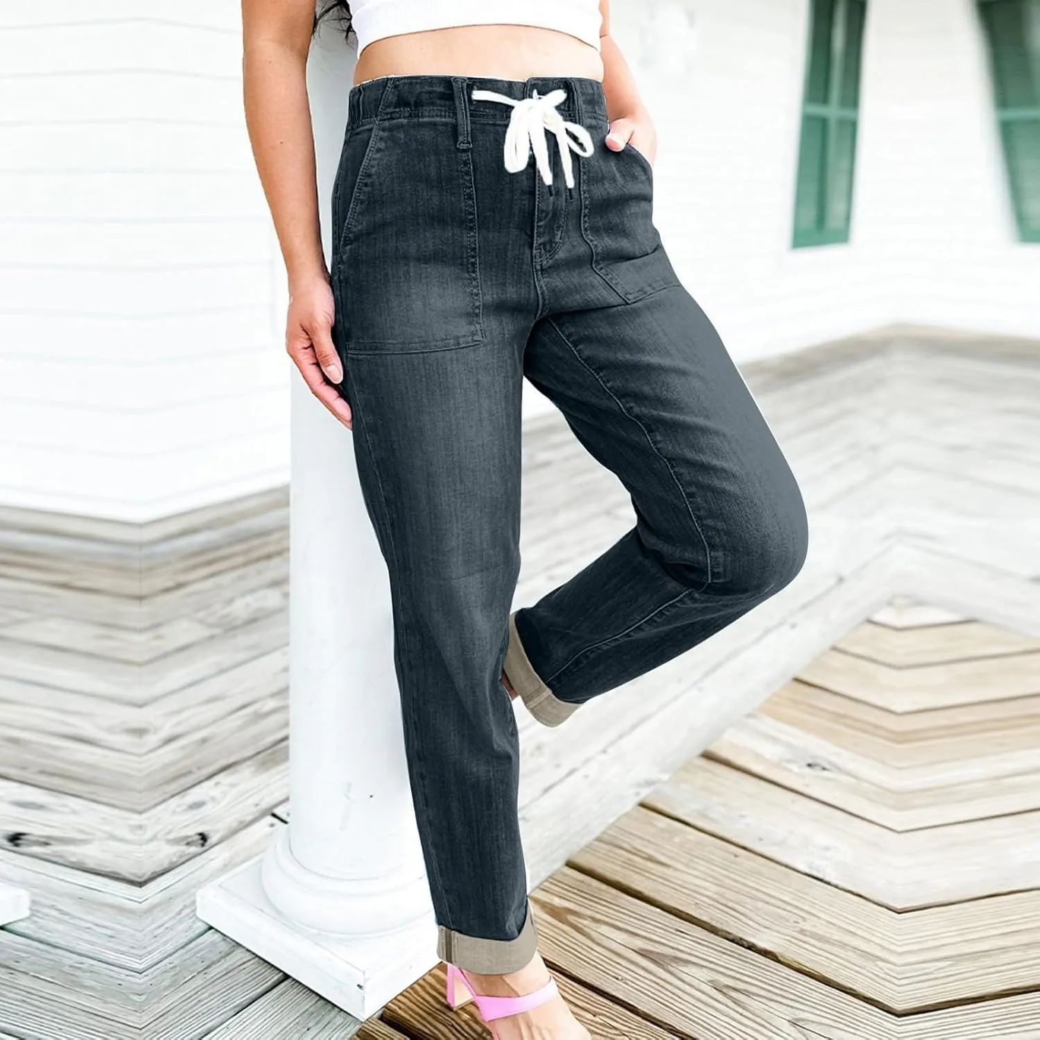 Women's Jeans High Waisted Straight Leg Stretchy Jeans Trendy Welt Pockets Loose Wide Leg Denim Pants