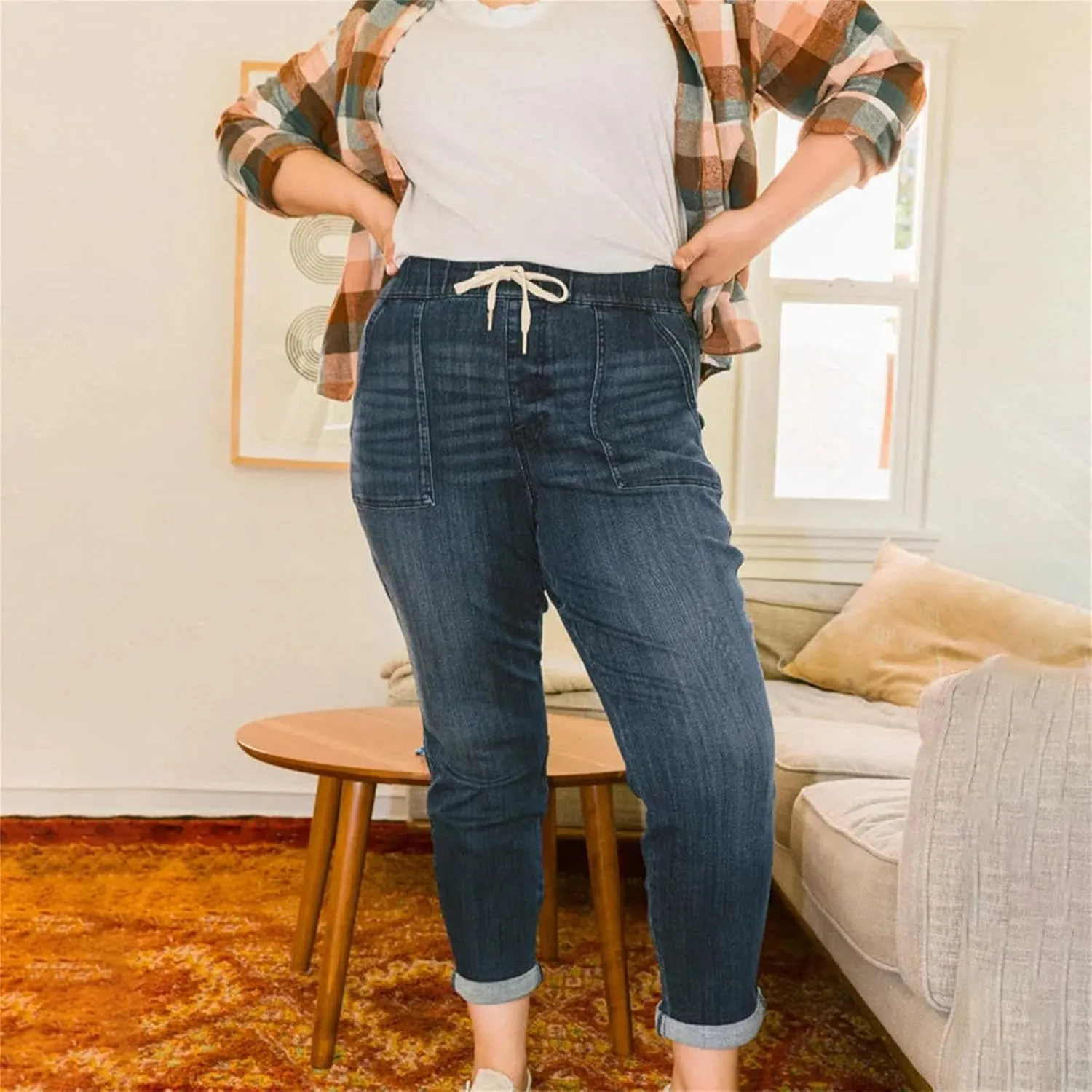 Women's Jeans High Waisted Straight Leg Stretchy Jeans Trendy Welt Pockets Loose Wide Leg Denim Pants