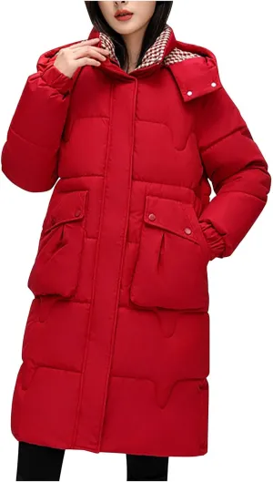 Women's Lightweight Puffer Down Jacket Thickened Winter Warm Stand Collar Long Hooded Coat Quilted Parkas with Pocket