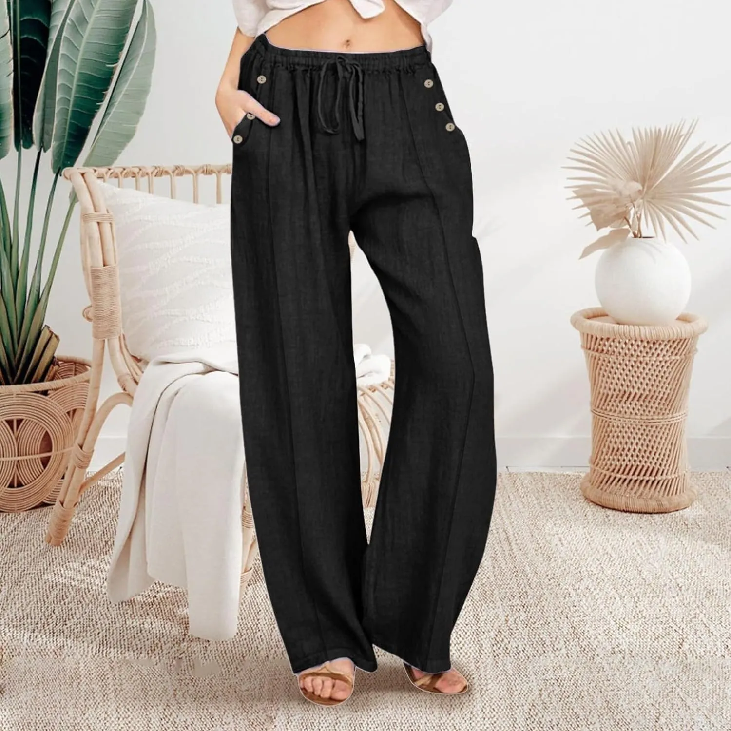 Womens Linen Casual Pants Winter Bootcut Yoga Jegging with Pockets Solid Color Wide Leg