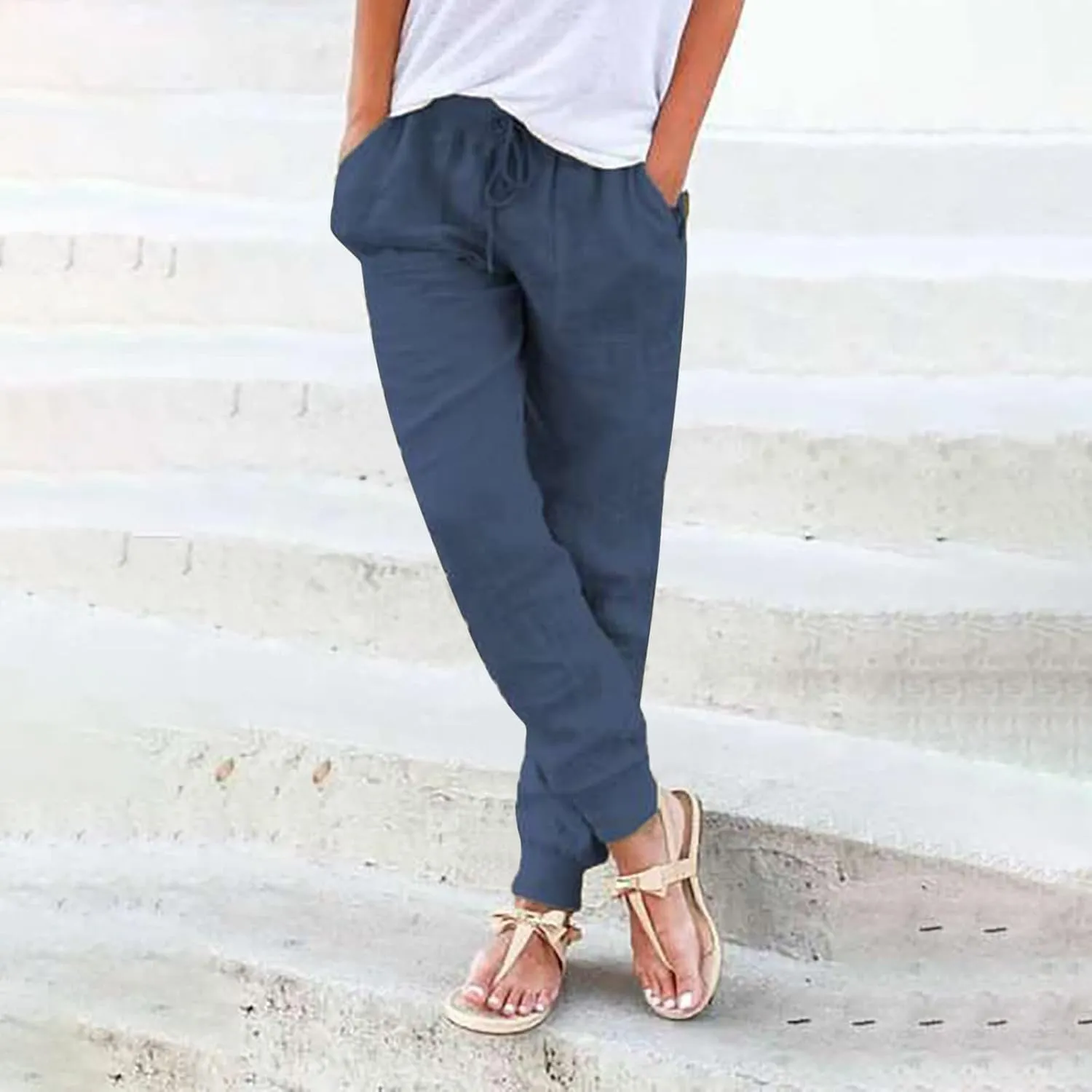 Womens Linen Casual Pants Winter Bootcut Yoga Jegging with Pockets Solid Color Wide Leg