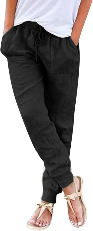 Womens Linen Casual Pants Winter Bootcut Yoga Jegging with Pockets Solid Color Wide Leg